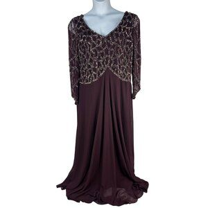 J Kara Plus Size 3/4 Sleeve Geo Beaded Gown Wine Mercury Dress 22W Formal